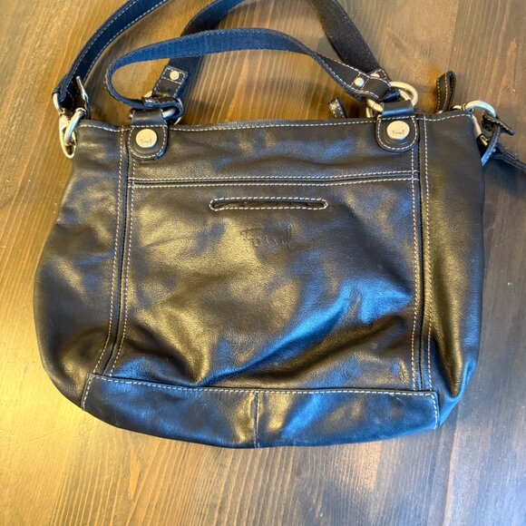 Fossil Black Leather Handbag Purse White Stitching Shoulder Strap - Picture 4 of 10